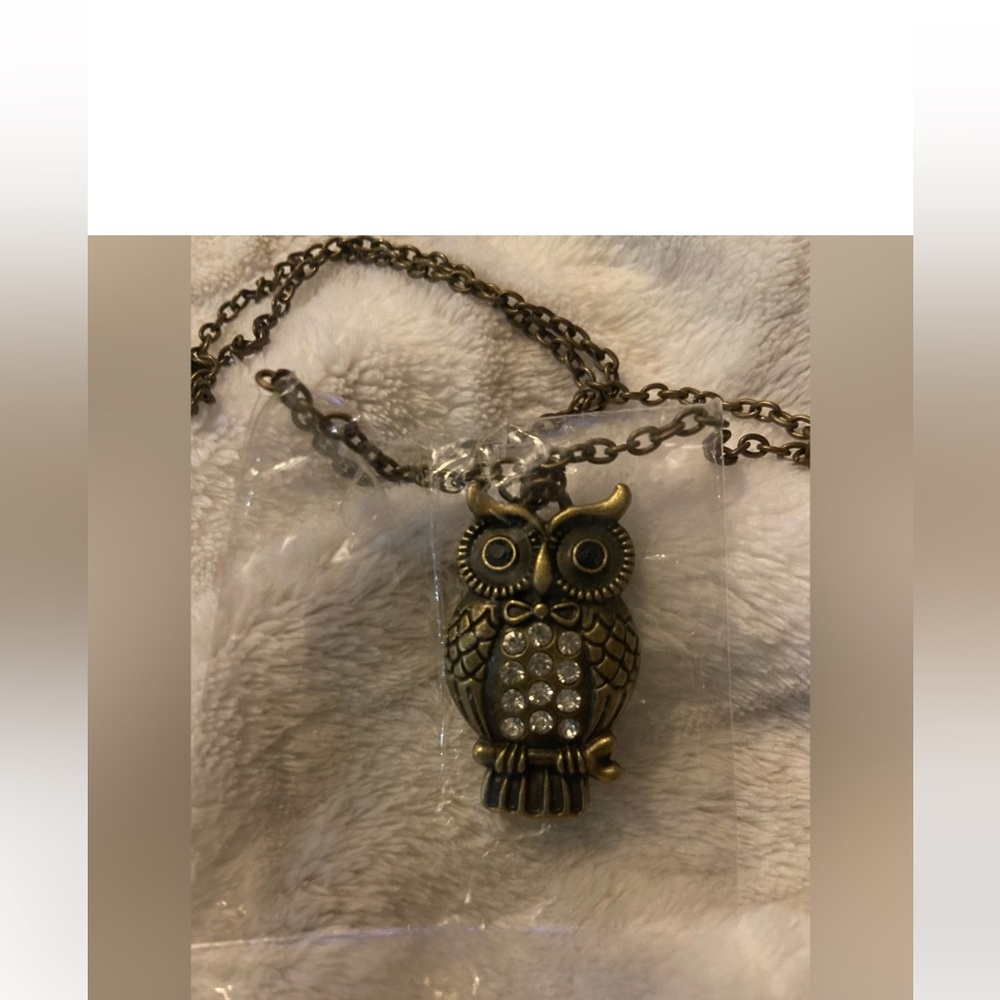 Vintage old dark brass - Pendant Necklace in Burn Gold Metal with white stones